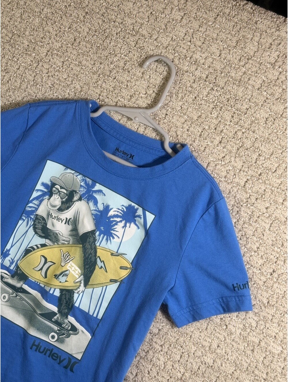 Hurley Surfing Chimpanzee Graphic Shirt Sleeve Blue T-shirt Kids Size S SKU97
